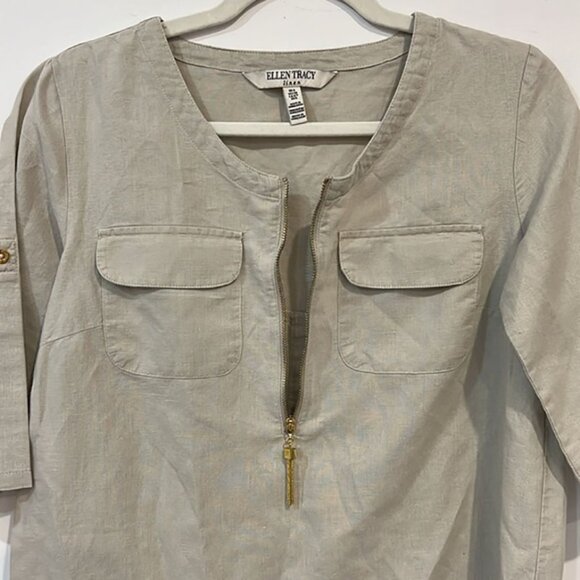 Ellen Tracy Cream Roll Tab Sleeve Linen Tunic Size Small - Picture 10 of 16